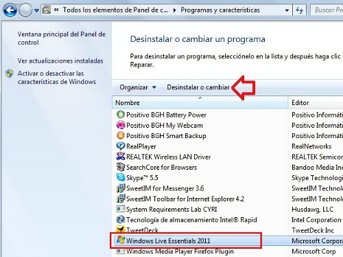 Desintalar Windows Live Messenger 2011